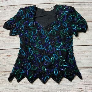 Vintage 80s Laurence Kazar Silk Beaded And Sequin Top Sz S